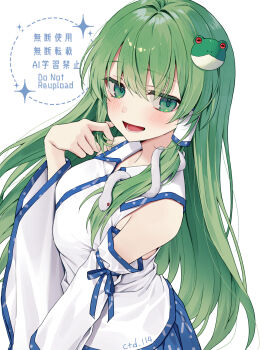 Rule 34 | 1girl, :d, artist name, bare shoulders, blush, breasts, collared shirt, commentary, ctd 114, detached sleeves, frog hair ornament, green eyes, green hair, hair between eyes, hair ornament, hair tubes, hand up, highres, kochiya sanae, large breasts, long hair, long sleeves, looking at viewer, open mouth, shirt, simple background, single hair tube, single sidelock, sleeveless, sleeveless shirt, smile, snake hair ornament, solo, touhou, upper body, watermark, white background, white shirt, white sleeves, wide sleeves