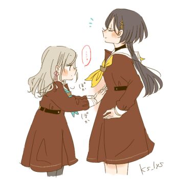 ... 2girls black_hair black_pantyhose brown_dress ceras_yanagida_lilienfeld closed_mouth colored_speech_bubble commentary_request dress edel_note grey_hair hair_ornament hand_on_another's_stomach hasu_no_sora_school_uniform jellyfish_cut kase_(ks_lys) katsuragi_izumi link!_like!_love_live! long_hair long_sleeves looking_at_stomach love_live! medium_dress multiple_girls neckerchief notice_lines pantyhose pleated_dress profile sailor_collar sailor_dress school_uniform simple_background smile speech_bubble spoken_ellipsis translation_request triangle_hair_ornament virtual_youtuber white_background white_sailor_collar winter_uniform yellow_neckerchief yuri