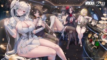 5girls absurdres ahoge alcohol alternate_costume anniversary artist_request black_choker black_collar black_dress black_footwear black_hair black_panties black_pantyhose black_thighhighs blonde_hair blush bottle bracelet breasts bridal_gauntlets brown_hair cable cake car car_interior champagne_tower choker cinderella_(nikke) cleavage cleavage_cutout closed_mouth clothing_cutout collar commentary confetti cookie crop_top crossed_legs cup curvy donut dress drinking_glass earrings elegg_(nikke) english_commentary exia_(nikke) eyelashes eyes_visible_through_hair fang feet_out_of_frame fireworks flower food food-themed_hair_ornament full_body furrowed_brow glint gloves goddess_of_victory:_nikke green_eyes grey_dress hair_flower hair_horns hair_intakes hair_ornament hair_over_eyes hair_ribbon hair_spread_out handheld_game_console heart heart_ahoge heart_hair_ornament high_heels high_ponytail highres holding holding_cable holding_handheld_game_console holding_mirror holding_own_hair jewelry kamaboko large_breasts limousine limousine_interior lock long_bangs long_hair looking_at_viewer low_twintails macaron maiden_(nikke) medium_breasts mirror motor_vehicle multiple_girls narutomaki narutomaki_hair_ornament necklace night official_art open_mouth orange_ribbon padlock padlocked_collar panties panty_peek pantyhose parted_bangs parted_lips pearl_bracelet pearl_necklace pencil_dress ponytail purple_eyes red_eyes ribbon rose second-party_source see-through_clothes see-through_dress short_dress short_hair sitting skirt sleeveless sleeveless_dress smile spiked_anklet star_(symbol) star_earrings thigh_strap thighhighs tiered_tray trony_(nikke) twintails underwear watermark white_dress white_flower white_gloves white_hair white_rose white_skirt white_thighhighs wine_glass