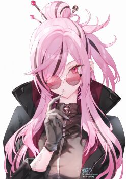 Rule 34 | 1girl, absurdres, black gloves, black jacket, black streaks, breasts, commentary, food, food in mouth, gloves, hair bun, hair over one eye, hand up, highres, hololive, hololive english, jacket, kamiya maneki, large breasts, long hair, looking at viewer, mori calliope, mori calliope (ferrywoman), multicolored hair, official alternate costume, one side up, pink-tinted eyewear, pink eyes, pink hair, popped collar, popsicle, popsicle in mouth, round eyewear, simple background, single hair bun, solo, streaked hair, swept bangs, tinted eyewear, untranslatable commentary, upper body, virtual youtuber, white background