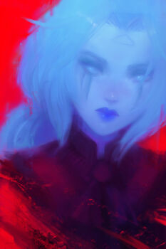 Rule 34 | 1girl, alex chow, blue eyes, blue hair, blue skin, colored skin, deadlock (game), facial mark, forehead mark, ghost, highres, long hair, looking at viewer, portrait, vindicta (deadlock), witch