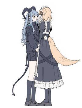 2girls absurdres animal_ears arknights bang_dream! bang_dream!_it&#039;s_mygo!!!!! black_dress black_shoes black_shorts black_socks blonde_hair blue_hair commentary_request dog_ears dog_girl dress full_body hair_ribbon highres horns jewelry kneehighs korean_commentary loafers long_hair maid maid_headdress medium_hair misumi_uika misumi_uika_(perro) multiple_girls neonfloyd purple_eyes ribbon shoes shorts sidelocks simple_background socks standing tail togawa_sakiko togawa_sakiko_(sarkaz) two_side_up white_background yuri