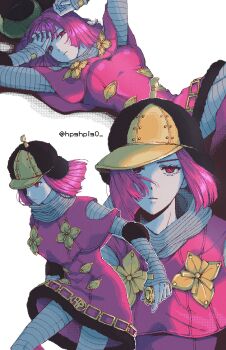 1girl black_hat bob_cut capelet dress hashtag-only_commentary hat highres hot_pants_(sbr) hpshpis0 jojo_no_kimyou_na_bouken looking_at_viewer pink_capelet pink_dress pink_eyes pink_hair solo steel_ball_run twitter_username white_background