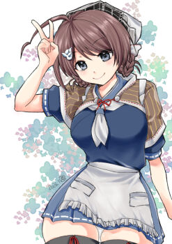 1girl ahoge bandana black_thighhighs blue_serafuku blush braid braided_hair_rings breasts brown_hair chougei_(kancolle) commentary_request grey_eyes hair_ornament hair_rings hairclip kantai_collection large_breasts long_hair looking_at_viewer matsuura@parao neckerchief panties school_uniform serafuku shawl skirt smile solo thighhighs twin_braids underwear whale_hair_ornament white_bandana white_neckerchief white_panties
