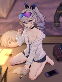 1girl absurdres alternate_costume barefoot black_choker black_skirt blue_necktie book breasts choker collarbone commentary_request drill_hair eraser eyewear_on_head food full_body goggles grey_eyes grey_hair hair_between_eyes hand_up handheld_game_console highres holding holding_food holding_popsicle honkai:_star_rail honkai_(series) indoors large_variant_set long_hair long_sleeves looking_at_viewer necktie nipples no_bra open_book parted_lips pencil pleated_skirt popsicle purple_hair seiza shirt silver_wolf_(honkai:_star_rail) single_off_shoulder sitting skirt small_breasts solo thigh_strap variant_set white_shirt yunkaiming