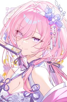 Rule 34 | 1girl, absurdres, alternate costume, b soyo1, bare shoulders, breasts, chinese clothes, cleavage, closed mouth, commentary, cyrene (demiurge) (honkai: star rail), cyrene (honkai: star rail), diamond-shaped pupils, diamond (shape), eyes visible through hair, flower, folded fan, folding fan, hair flower, hair ornament, hair over one eye, hand fan, hashtag-only commentary, highres, holding, holding fan, honkai: star rail, honkai (series), long hair, looking at viewer, medium breasts, pink hair, purple eyes, purple flower, smile, solo, symbol-shaped pupils