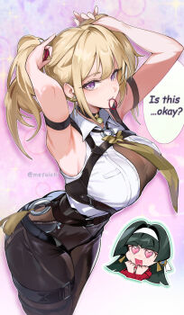 Rule 34 | 2girls, arched back, arm strap, armpits, arms up, astra yao, black choker, black hair, black pants, blonde hair, blush, breasts, chest harness, chibi, choker, commentary, commentary request, cowboy shot, earrings, english commentary, english text, evelyn chevalier, hair tie, hair tie in mouth, hair up, hairband, harness, heart, heart-shaped eyes, high-waist pants, highres, implied yuri, jewelry, large breasts, latex pants, long hair, mefuichi, mixed-language commentary, mouth hold, multiple girls, necktie, pants, pendant choker, purple eyes, red shrug, shirt, shrug (clothing), speech bubble, tight clothes, tight pants, twitter username, tying hair, uneven bangs, white hairband, white shirt, yellow necktie, zenless zone zero