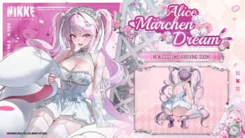 Rule 34 | alice (nikke), breasts, cleavage, commentary, dress, english commentary, from behind, goddess of victory: nikke, hair ornament, high heels, highres, looking at viewer, official art, pink eyes, pink hair, see-through clothes, smile, squatting, thighhighs, twintails, white dress, white thighhighs