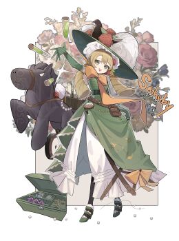1girl :d absurdres balance_scale bare_shoulders belt belt_pouch black_pantyhose blonde_hair blue-eyes_white_dragon blue-eyes_white_dragon_(card) bow brown_belt card character_name chinstrap dress drill_hair elbow_gloves flower full_body gloves green_dress green_eyes green_gloves green_hat green_shoes hat hat_feather hat_flower high_heels highres horse karliann long_dress long_hair looking_at_viewer low_twintails open_mouth orange_bow outstretched_arm pantyhose picture_hat pouch red_flower red_rose reverse:1999 rose shoes skirt_hold sleeveless sleeveless_dress smile solo sotheby standing stardew_valley stardrop_(stardew_valley) suitcase test_tube throwing twin_drills twintails watch weighing_scale white_background yu-gi-oh!