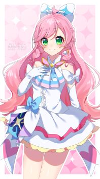 1girl absurdres arm_behind_back artist_name ascot blue_bow bow braid brooch center_frills closed_mouth cowboy_shot crown_braid cure_prism dress dress_bow earrings elbow_gloves frills glove_bow gloves green_eyes hair_bow hand_on_own_chest highres hirogaru_sky!_precure jewelry layered_dress long_hair looking_at_viewer magical_girl mismatched_earrings myarikuru nijigaoka_mashiro pink_hair precure short_dress side_braids sleeveless sleeveless_dress smile solo standing very_long_hair white_ascot white_bow white_dress white_gloves wing_brooch