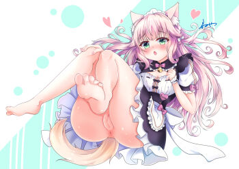 1girl animal_ear_fluff animal_ears anus apron bare_legs barefoot bell black_dress blush bow bowtie breasts buttons cat_ears cat_girl cat_tail censored character_name cleavage cleavage_cutout cleft_of_venus clothing_cutout commentary_request dress embarrassed feet floating_hair food_print fraise_(nekopara) frilled_apron frilled_dress frills full_body fusse gold_bell green_eyes hair_bow hand_on_own_knee hands_up heart heart_button highres jingle_bell knees_together_feet_apart long_hair maid maid_apron maid_headdress mosaic_censoring nail_polish name_tag neck_bell nekopara no_panties nose_blush open_mouth pink_bow pink_bowtie pink_hair pink_nails puffy_short_sleeves puffy_sleeves pussy short_sleeves sidelocks signature simple_background sitting sleeve_bow slit_pupils small_breasts soles solo tail thighs toenails toes underwear variant_set very_long_hair waist_apron waitress wavy_hair white_apron white_background white_bow white_wrist_cuffs wrist_cuffs