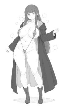 1girl alternate_costume animal_print areola_slip bikini blush boots breasts covered_erect_nipples fern_(sousou_no_frieren) full_body greyscale large_breasts leopard_print long_hair long_sleeves looking_at_viewer monochrome open_mouth ranhatu robe solo sousou_no_frieren standing steaming_body string_bikini swimsuit white_background