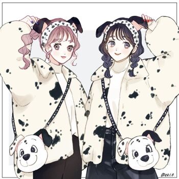 101_dalmatians 2girls animification bag brown_hair character_bag coat genderswap handbag humanization meecosme multiple_girls open_mouth pants perdita_(disney) personification pongo_(disney) ponytail ribbon short_braid short_hair simple_background smile upper_body