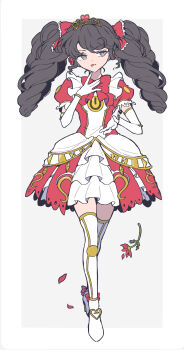 1girl absurdres black_hair boots bow commentary_request dress drill_hair elbow_gloves flower frilled_dress frills full_body gaaruru_(pripara) glaring gloves hair_bow hands_up highres long_hair looking_at_viewer nojima_minami petals power_symbol pretty_series pripara puffy_short_sleeves puffy_sleeves red_bow red_dress red_flower redrawn short_sleeves sidelocks solo standing thigh_boots tiara tongue tongue_out twin_drills twintails white_background white_boots white_gloves