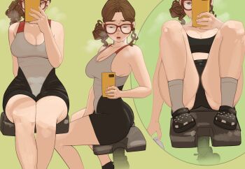 1girl ass breasts brown_eyes cellphone cleavage commentary e11e el_(e11e) english_commentary exercising glasses highres holding holding_phone large_breasts leotard long_hair multiple_views original phone selfie sitting sports_bra taking_picture