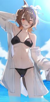 1girl agnes_tachyon_(umamusume) ahoge animal_ears bikini black_bikini blue_sky blush breasts brown_hair cloud commentary_request day eyewear_on_head hair_between_eyes highres horse_ears horse_girl horse_tail long_sleeves looking_at_viewer medium_hair navel ocean one_eye_closed open_clothes open_mouth open_shirt outdoors red_eyes shirt sky sll80jodo758038 smile solo star-shaped_eyewear star_(symbol) stomach swimsuit tail umamusume water white_shirt