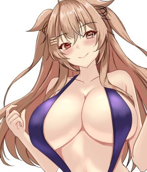 1girl animal_ears bare_arms bare_shoulders blue_slingshot_swimsuit blush breasts brown_eyes brown_hair cleavage closed_mouth collarbone hair_between_eyes hair_ornament hairclip heterochromia highres kantai_collection large_breasts long_hair looking_at_viewer midriff montemasa murasame_(kancolle) red_eyes sideboob signature simple_background slingshot_swimsuit smile solo swimsuit upper_body variant_set very_long_hair white_background