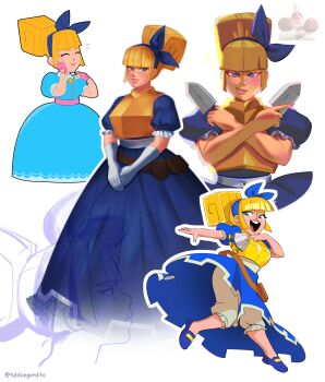 1girl absurdres armor artist_name blonde_hair blue_eyes breastplate clash_royale dagger dagger_duchess dress dress_shirt dual_wielding gloves highres holding holding_dagger holding_knife holding_weapon knife long_dress multiple_views open_mouth shirt teeth tubbiegordito upper_teeth_only weapon white_gloves