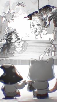 2girls absurdly_long_hair absurdres ahoge animal bare_legs barefoot beads beer_mug behind_prayers_(infinity_nikki) born_flawless_(infinity_nikki) cat chibi chinese_commentary cloak closed_mouth clothed_animal commentary_request cross_hair_ornament crown cup dress drink ear_covers eyelashes facepaint falling feather_hair_ornament feathers floating forehead_jewel frown gown grass greyscale hair_beads hair_ornament hair_over_shoulder highres holding holding_drink hood hood_up hooded_cloak infinity_nikki jewelry layered_sleeves long_dress long_hair long_sleeves looking_at_another makabaka77883 momo_(nikki) monochrome mug multiple_girls mushroom necklace nikki_(series) open_mouth outstretched_arm reaching reaching_towards_another ribbon sad shadow short_over_long_sleeves short_sleeves shroomling_(infinity_nikki) side_slit sparkle stage strapless strapless_dress sun_symbol theater tree very_long_hair wavy_hair