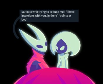 Rule 34 | 0cyberspace0, 2girls, arthropod girl, autism, black eyes, black skin, blank eyes, bodysuit, cloak, colored skin, colored speech bubble, english text, hashtag-only commentary, hat, hollow eyes, hollow knight, hollow knight: silksong, horned mask, hornet (hollow knight), horns, lace (hollow knight), looking at another, mask, multiple girls, pointing, puffy sleeves, red cloak, sex invite, speech bubble, upper body, white bodysuit, white eyes, white hat, white mask, yuri