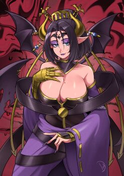 Rule 34 | 1girl, absurdres, bare shoulders, black bodysuit, black hair, black wings, blue eyes, bodysuit, breasts, cleavage, commentary, cowboy shot, deliciousbrain, demon girl, demon horns, demon wings, detached sleeves, digimon, digimon (creature), eyeshadow, hair bun, highres, horns, large breasts, lilithmon, makeup, mole, mole under eye, multiple wings, pointy ears, purple eyeshadow, purple lips, purple sleeves, red background, solo, strapless bodysuit, wings, yellow horns