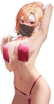 1girl angelica_rapha_redgrave armpits arms_up bare_shoulders bikini blonde_hair braid breasts bun_with_braided_base cleavage collarbone covered_erect_nipples face_veil hair_tied_up highres kameponde large_breasts looking_at_viewer mouth_veil navel nipples otome_game_sekai_wa_mob_ni_kibishii_sekai_desu panties red_eyes string_bikini string_panties swimsuit teasing thighs underwear veil wide_hips