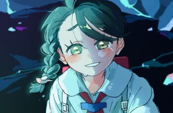 Rule 34 | 1girl, 2enn3n, backpack, bag, blush, braid, collared shirt, eyelashes, green eyes, grin, happy, happy tears, highres, juliana (pokemon), looking at viewer, nintendo, pokemon, pokemon sv, raised inner eyebrows, shirt, smile, solo, tears, teeth, upper body, white shirt