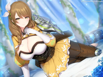 1girl black_corset boots bow braid breasts brown_boots cleavage closed_mouth commentary_request corset fire_emblem fire_emblem_engage gloves goldmary_(fire_emblem) hair_bow huge_breasts kashiwamochi_yomogi leggings looking_at_viewer nintendo skirt smile solo white_bow white_gloves yellow_eyes yellow_skirt