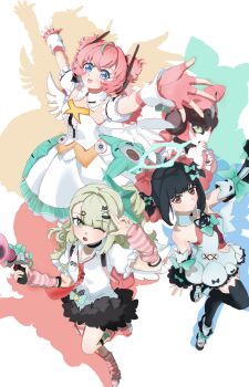 3girls absurdres angels_of_delusion aqua_hair aria_(zenless_zone_zero) black_hair blue_eyes bow chinese_commentary commentary_request curly_hair dress fingerless_gloves gloves green_eyes green_hair grey_hair gun hair_bow halo highres holding looking_at_viewer multicolored_hair multiple_girls nangong_yu one_eye_closed one_side_up open_mouth pink_hair red_eyes skirt streaked_hair sunna_(zenless_zone_zero) thighhighs twintails v weapon wings xiankelai yellow_eyes zenless_zone_zero