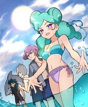 1girl 3boys alpha_(inazuma_eleven) beach beta_(inazuma_eleven) bikini black_wetsuit blue_bikini blue_hair breasts commentary double_bun gamma_(inazuma_eleven) green_eyes green_hair grey_jacket hair_bun highres inazuma_eleven inazuma_eleven_(series) inazuma_eleven_go inazuma_eleven_go_chrono_stone jacket long_hair looking_at_viewer male_swimwear medium_breasts medium_hair mismatched_bikini multiple_boys nakamasa21 navel one-piece_swimsuit open_clothes pointy_ears protocol_omega purple_bikini purple_eyes purple_hair red_eyes shark short_hair sky smile spiked_hair swim_trunks swimsuit water zanak_abalonic