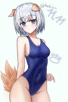 1girl absurdres animal_ears blue_hair breasts date_a_live dog_ears dog_tail highres kunshulucas looking_at_viewer medium_breasts short_hair solo swimsuit tail thick_thighs thighs tobiichi_origami