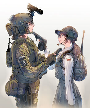 2girls at_gunpoint baseball_cap black_hat brown_hair bulletproof_vest camouflage camouflage_bag camouflage_shirt closed_mouth combat_helmet commentary_request daito dress ear_protection finger_on_trigger from_side gloves grey_dress gun handgun hat helmet highres holding holding_gun holding_weapon holster long_hair looking_at_another multiple_girls night_vision_device original parted_lips partially_fingerless_gloves polish_flag pouch school_uniform shirt simple_background tactical_clothes tactical_school_uniform upper_body walkie-talkie weapon weapon_request white_background white_shirt