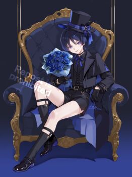 1boy :p alternate_costume belt belt_buckle black_belt black_feathers black_gloves black_hat black_jacket black_shoes black_shorts black_sleeves black_socks black_vest blunt_ends bouquet bow bright_pupils buckle cape chain choppy_bangs collared_shirt commentary_request contemporary couch cross-laced_vest dress_shirt feathers flower formal_clothes frilled_sleeves frills full_body garter_straps genshin_impact gloves gold_buckle gold_chain hair_intakes hat hat_bow hat_feather highres jacket knee_up kneehighs lapels layered_sleeves legs long_sleeves male_focus o-ring open_clothes open_jacket purple_bow purple_cape purple_eyes purple_flower riku_(rrr_gns) rounded_collar scaramouche_(genshin_impact) shirt shoes shorts signature sitting sleeve_belt socks solo tongue tongue_out top_hat tsurime undershirt vest watermark white_pupils