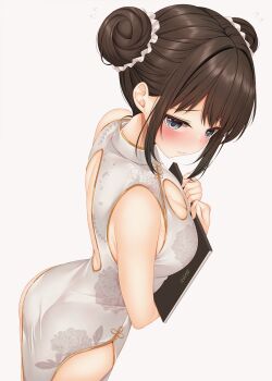 Rule 34 | 1girl, back cutout, bare shoulders, blue eyes, blush, breasts, brown hair, china dress, chinese clothes, cleavage, cleavage cutout, closed mouth, clothing cutout, commentary request, double bun, dress, floral print, floral print dress, from above, from side, gold trim, hair bun, hands up, highres, holding, holding menu, large variant set, looking at viewer, looking to the side, menu, minato ojitan, original, pelvic curtain, print dress, simple background, sleeveless, sleeveless dress, solo, variant set, white background