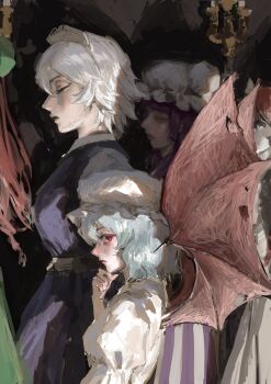 5girls bat_wings blue_hair dress hat hatena_(nazequestion) highres hong_meiling izayoi_sakuya koakuma long_hair maid mob_cap multiple_girls patchouli_knowledge pink_dress purple_hair red_hair remilia_scarlet touhou vampire walking white_hair wings