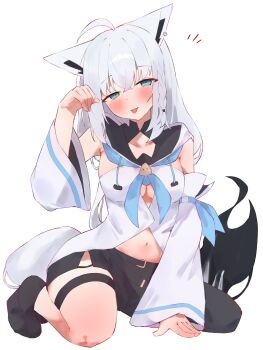 1girl absurdres ahoge animal_ears black_shorts blue_eyes blue_neckerchief blush breasts cleavage closed_mouth commentary_request detached_sleeves fox_ears fox_girl fox_tail highres hololive hood hoodie long_hair looking_at_viewer medium_breasts navel neckerchief shirakami_fubuki shirakami_fubuki_(1st_costume) shorts smile solo tail tepenchi thigh_strap tongue tongue_out virtual_youtuber white_background white_hair white_hoodie white_sleeves