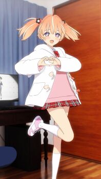 +_+ 1girl 3d ahoge blender_(medium) blonde_hair bow bowtie bright_pupils carrot cel_rendering curtains desk floating_hair flower foot_out_of_frame hair_flower hair_ornament hands_up heart heart_hands highres hood hoodie indoors kneehighs leg_up long_sleeves looking_at_viewer medium_hair miniskirt monitor multicolored_eyes multicolored_hair open_clothes open_hoodie open_mouth orange_hair pink_eyes pink_shoes pink_sweater plaid_clothes plaid_skirt pleated_skirt purple_eyes red_bow red_bowtie red_skirt rinne_(rinrinne) rinrinne rinrinne39_(artist) school_uniform shoes skirt smile sneakers socks solo standing standing_on_one_leg streaked_hair sweater two_side_up virtual_youtuber white_hoodie white_pupils white_socks