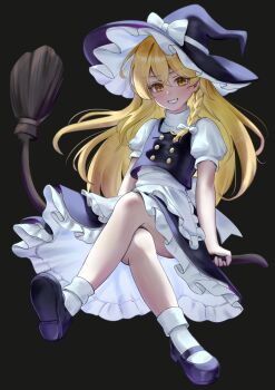 1girl absurdres apron black_background black_hat black_skirt black_vest blonde_hair blush bow braid broom broom_riding commentary_request crossed_legs frilled_apron frilled_skirt frills grin hair_bow hat hat_bow highres kirisame_marisa long_hair looking_at_viewer puffy_short_sleeves puffy_sleeves purple_shoes shoes short_sleeves side_braid simple_background single_braid skirt smile socks solo soo_kazahana touhou very_long_hair vest waist_apron white_apron white_bow white_socks witch_hat yellow_eyes