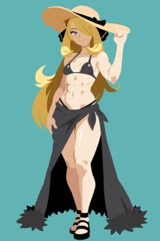 1girl abs absurdres adjusting_clothes adjusting_headwear aqua_background bikini black_bikini black_bow black_shoes blonde_hair bow breasts closed_mouth clothes_around_waist cynthia_(pokemon) eyelashes full_body grey_eyes hair_ornament hair_over_one_eye hand_on_own_hip hat hat_bow highres jacket jacket_around_waist long_hair nintendo pokemon pokemon_dppt saucy_aussy shiny_skin shoes simple_background smile solo standing sun_hat swimsuit thighs toned toned_female