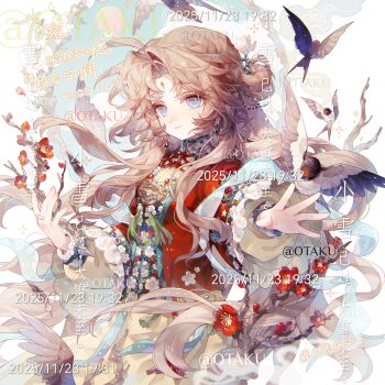 Rule 34 | 1girl, absurdres, ahoge, bead necklace, beads, bird, blue eyes, blue shawl, braid, branch, brown eyeshadow, brown hair, circle, closed mouth, dated, earrings, eyelashes, eyeshadow, facial mark, fingernails, flower, forehead mark, hair bun, hair ornament, hair stick, highres, holding, holding branch, jewelry, long hair, long sleeves, looking at viewer, makeup, mandarin collar, necklace, original, parted bangs, red flower, ring, shawl, smile, solo, square, swallow (bird), tassel, too many watermarks, upper body, watermark, xingchunxiang