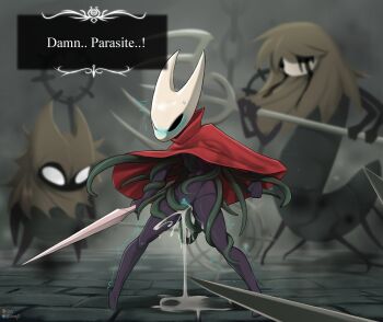 1girl 2others absurdres arthropod_girl black_eyes black_skin blood bloody_tears blush cloak colored_skin commentary dreg_catcher_(hollow_knight) english_commentary full_body greyroot_(hollow_knight) highres holding holding_weapon hollow_eyes hollow_knight hollow_knight:_silksong horned_mask hornet_(hollow_knight) horns jarnqk looking_at_viewer mask multiple_others needle_(hollow_knight) parasite pussy pussy_juice red_cloak standing sweatdrop tentacle_sex tentacles thread_raker_(hollow_knight) trembling weapon white_eyes white_mask