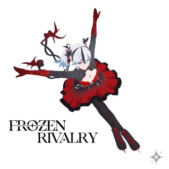 1girl 3d alternate_costume arms_up black_flower black_pantyhose black_shrug blake_bloom_(wuthering_waves) blender_(medium) breasts camellya_(wuthering_waves) closed_mouth commentary dress english_commentary flower full_body goo_engine_(medium) grey_eyes guest_art hair_between_eyes hair_flower hair_ornament hair_vines ice_skates logo looking_at_viewer outstretched_arms pantyhose red_dress short_hair shrug_(clothing) simple_background skates small_breasts smile solo title white_background winterstellar_studios wuthering_waves