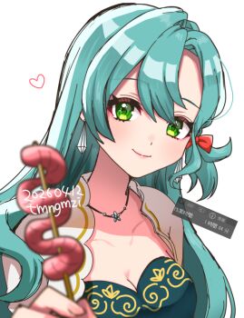 1girl aqua_hair ayaca braid breasts chloe_(fire_emblem) chloe_(pegasus_dress)_(fire_emblem) cleavage earrings fire_emblem fire_emblem_engage green_eyes holding holding_skewer incoming_food incoming_gift jewelry large_breasts long_hair looking_at_viewer nintendo side_braid skewer smile solo teardrop_earrings white_background