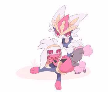 1girl 2boys alternate_color animal_ears animal_hands black_eyes body_fur bright_pupils brown_fur buneary cinderace full_body furry furry_female gen_4_pokemon gen_8_pokemon highres looking_at_another masayo_(skip) multiple_boys nintendo pink_fur pokemon pokemon_(creature) rabbit_ears rabbit_girl rabbit_tail raboot red_eyes red_hair shiny_pokemon simple_background sitting tail white_background white_fur white_pupils