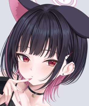 1girl animal_ears black_choker black_hair blue_archive blush cat_ears choker closed_mouth colored_inner_hair commentary_request ear_piercing earrings extra_ears hair_ornament hairclip halo highres jewelry kayoko_(blue_archive) long_sleeves looking_at_viewer multicolored_hair piercing pink_hair pink_nails portrait rama_(yu-light8) red_eyes short_hair simple_background solo white_background wolf_cut