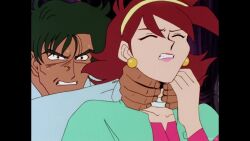 1boy 1girl animated asphyxiation ass belt blue_eyes boots breasts brown_hair dress earrings g_gundam gundam hairband highres jacket jewelry legs lipstick makeup medium_breasts pink_dress rain_mikamura skirt sound strangulation sunrise_(company) tagme thighs video