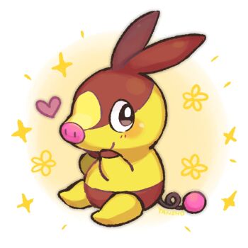 animal_focus artist_name blush brown_eyes commentary_request full_body gen_5_pokemon heart nintendo no_humans pig pokemon pokemon_(creature) simple_background smile solo star_(symbol) tansho tepig white_background