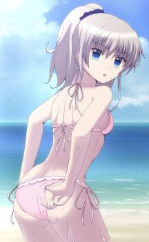 :o ass bare_shoulders beach bikini bikini_bottom_pull bikini_pull breasts charlotte_(anime) clothes_pull dot_nose from_behind hairband highres lelie_(lelie_link) looking_at_viewer looking_back medium_hair purple_eyes purple_hairband shirt small_breasts string_bikini swimsuit tomori_nao wet white_bikini white_shirt