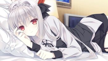 1girl bed_sheet black_ribbon black_shorts black_vest braid closed_mouth collared_shirt crown_braid dress_shirt game_cg garter_straps grey_hair hair_between_eyes indoors long_hair lying neck_ribbon nishimata_aoi on_side pillow red_eyes ribbon sakurakouji_luna shirt short_shorts shorts smile solo suzuhira_hiro tsuki_ni_yorisou_otome_no_sahou very_long_hair vest white_shirt wing_collar