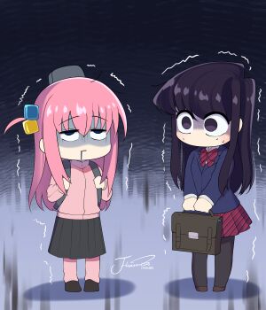 2girls absurdres black_hair blue_eyes bocchi_the_rock! commentary cube_hair_ornament full_body gotoh_hitori hair_ornament highres itan_private_high_school_uniform j_humbo jacket komi-san_wa_komyushou_desu komi_shouko long_hair multiple_girls no_mouth one_side_up pantyhose pink_hair pink_jacket pink_track_suit saliva scared school_uniform shaded_face sweat track_jacket track_suit trait_connection trembling